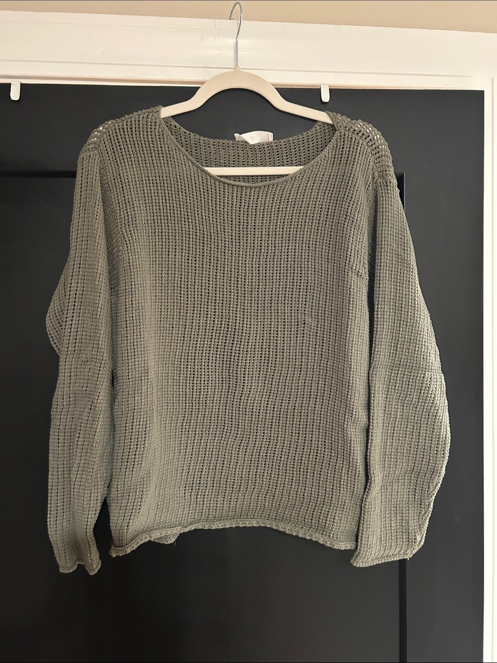 Mango Olive Green Open-Weave Crewneck Sweater